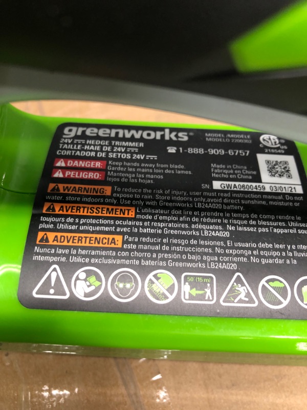 Photo 3 of ***MISSING BATTERY***Greenworks 40V 24" Cordless Hedge Trimmer, Tool Only