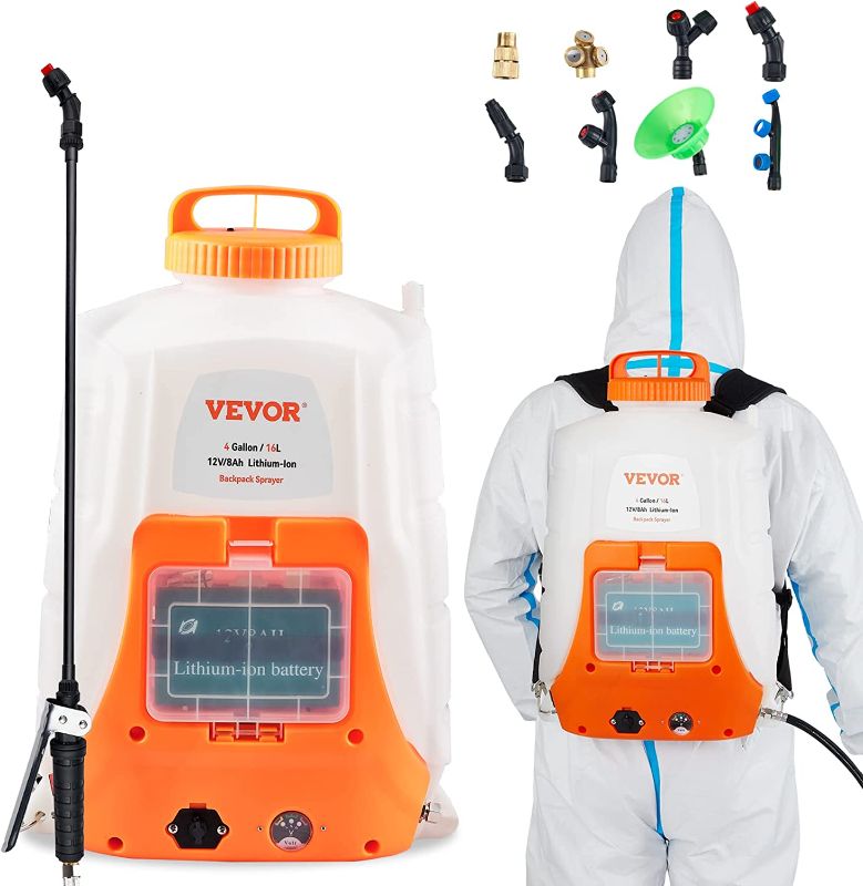 Photo 1 of VEVOR Battery Powered Backpack Sprayer, 0-90 PSI Adjustable Pressure, 4 Gallon Tank, Back Pack Sprayer with 8 Nozzles and 2 Wands, 12V 8Ah Battery, Wide Mouth Lid for Weeding, Spraying, Cleaning