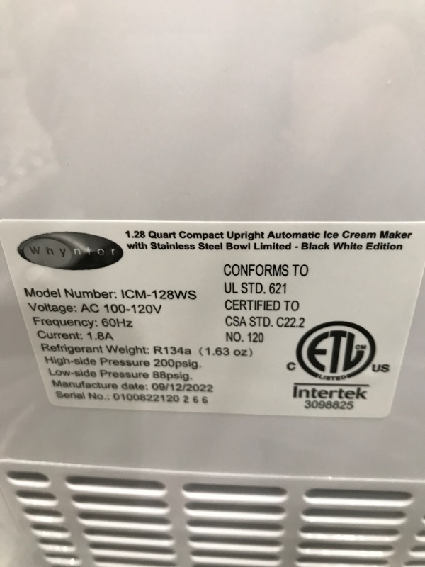 Photo 3 of ***PARTS ONLY*** Whynter ICM-128WS 1.28 Quart Compact Upright Automatic Ice Cream Maker with Stainless Steel Bowl- White