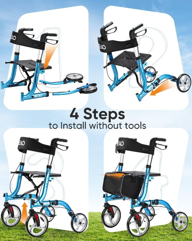 Photo 4 of (READ FULL POST) HEAO Rollator Walker for Seniors, Rolling Walker with Cup Holder & 10" Wheels, Lightweight Mobility Walking Aid with Seat Compact Folding, Blue
