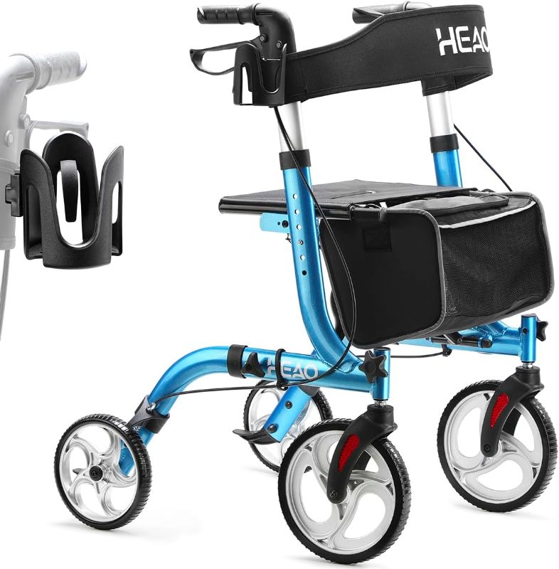 Photo 1 of (READ FULL POST) HEAO Rollator Walker for Seniors, Rolling Walker with Cup Holder & 10" Wheels, Lightweight Mobility Walking Aid with Seat Compact Folding, Blue
