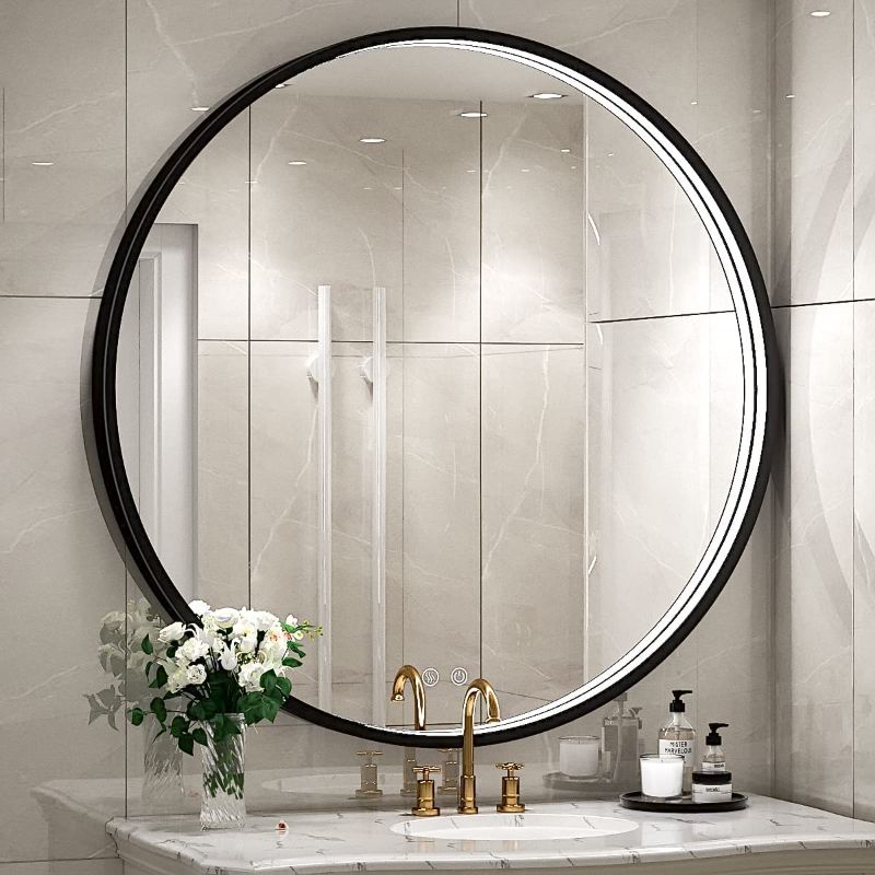Photo 1 of FTOTI 32 Inch LED Black Frame Round Mirror,Round Bathroom Mirror with Light,Wall Mounted Lighted Vanity Mirror, Anti-Fog & Dimmable Touch Switch, Waterproof IP54,90+ CRI
