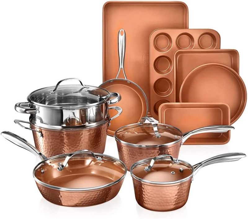 Photo 1 of **USED, MINOR WEAR & TEAR**Gotham Steel Hammered Pots and Pans Set Nonstick, 15 Pc Kitchen Cookware Set & Bakeware Set, Induction Pots and Pans for Cooking, Ceramic Coated, Long Lasting Nonstick, Dishwasher Safe 100% Toxin Free
