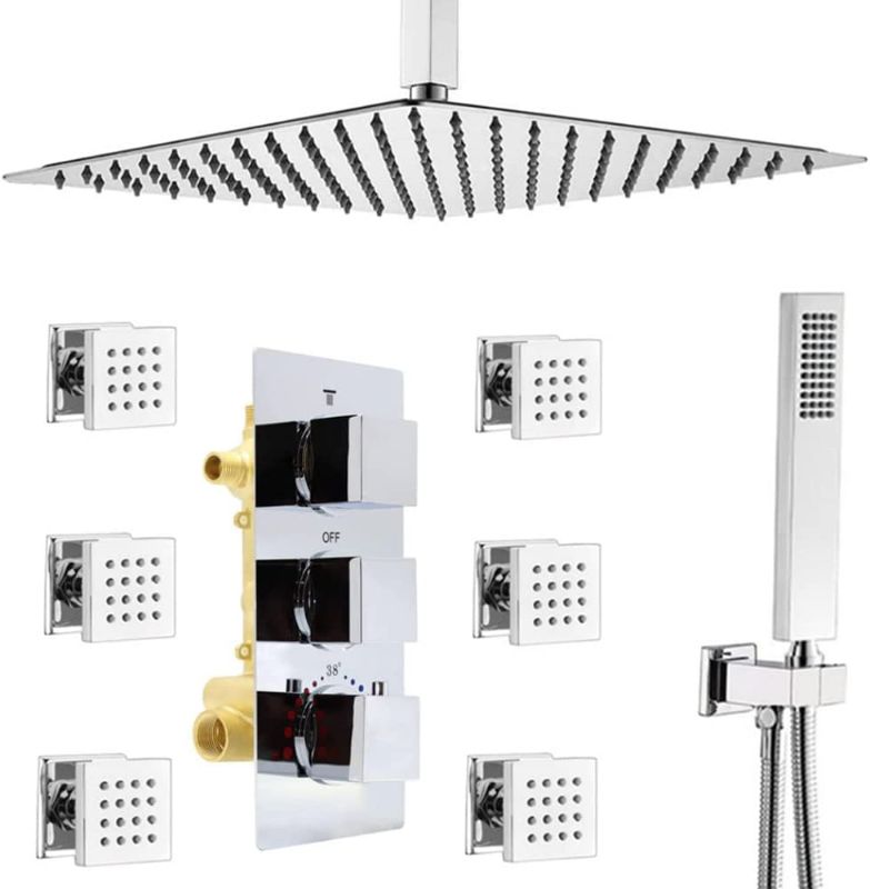 Photo 1 of *MISSING PARTS** Homekicen Rain Shower System with Jets - 16 inch Ceiling Rainfall Head and Handheld Spray Full Body Combo, Thermostatic Valve Faucet Sets Complete for Bathroom, Chrome
