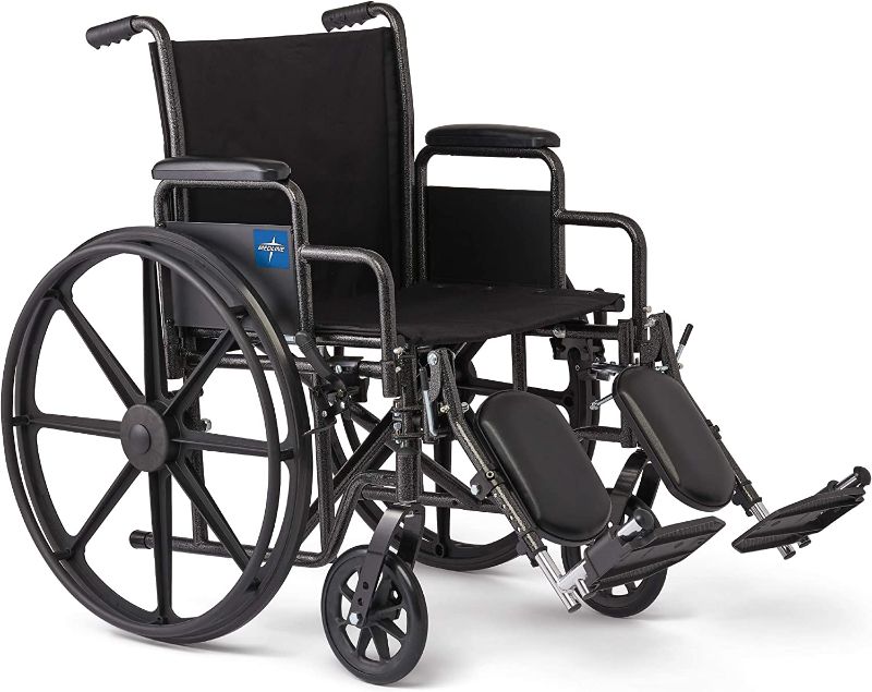 Photo 1 of **DAMAGED WHEEL**
Medline Wheelchair, Swing-Back Desk-Length Arms And Elevating Leg Rests, 18"