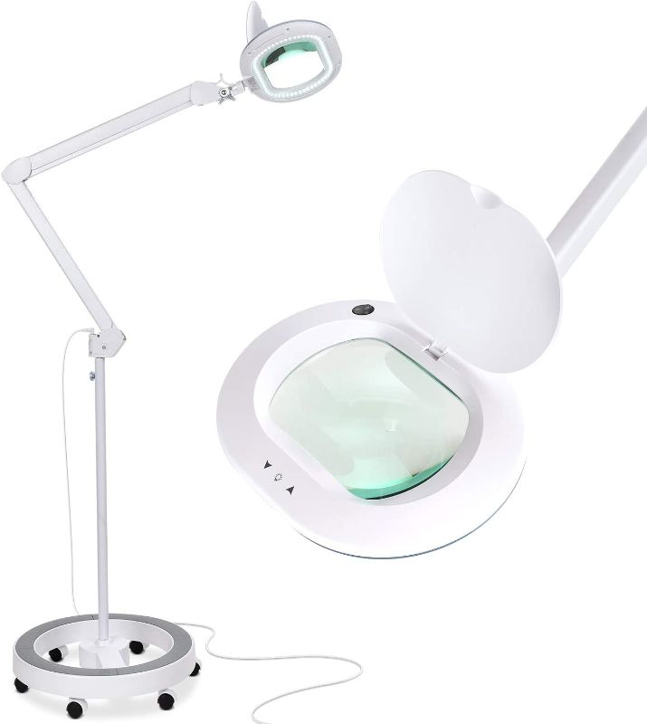 Photo 1 of **MISSING HARDWARE AND ASSEMBLY INSTRUCTIONS**
 Magnifying Glass with Stand and Light – Magnifying Floor Lamp with 6-Wheels on a Sturdy Base for Facials – LED Work Light with XL Magnifying Glass for Crafts and Projects
