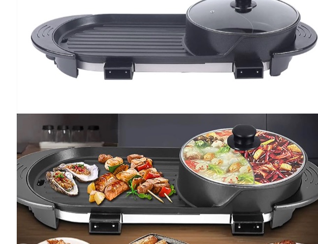 Photo 1 of 2 in 1 Shabu Shabu Pot Barbecue Grill,Double Adjustable Thermostat,Hot Pot With Divider and Grill BBQ Teppanyaki,5-Speed Automatic Regulator,Non-Sticky