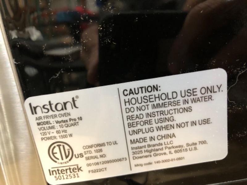 Photo 3 of **RIGHT SIDE OF HANDLE HAS SMALL BREAK, SEE PHOTO**
Instant Vortex Pro Air Fryer, 10 Quart, 9-in-1 Rotisserie and Convection Oven, From the Makers of Instant Pot with EvenCrisp Technology, App With Over 100 Recipes, 1500W, Stainless Steel 10QT Vortex Pro