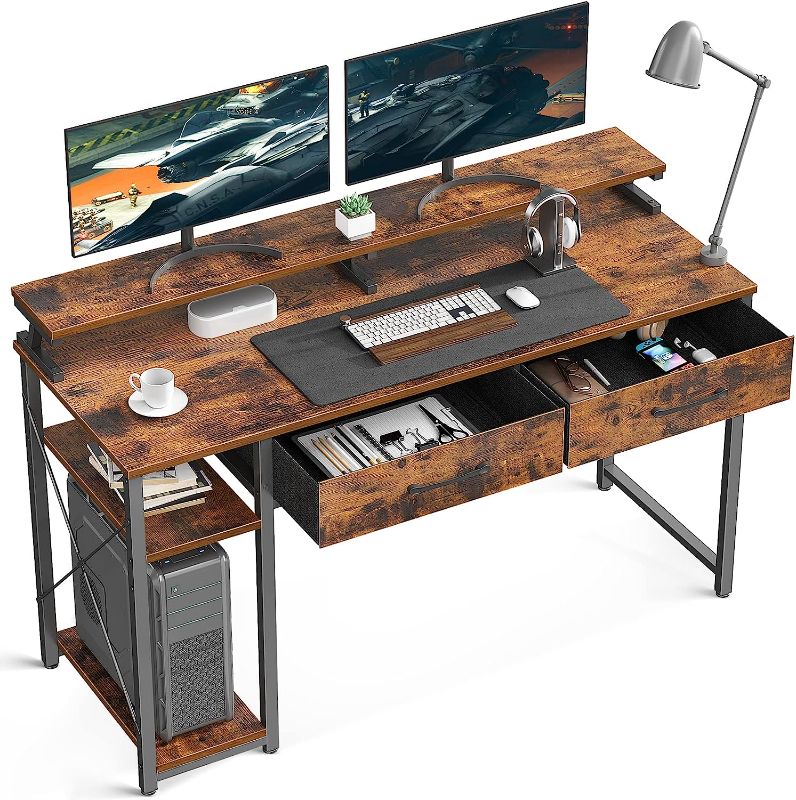 Photo 1 of ODK Computer Desk 47" Table: Office Desk with Drawers & Wood Storage Shelves, Home Work Writing Desk & Large Space Monitor Stand, Rustic Brown