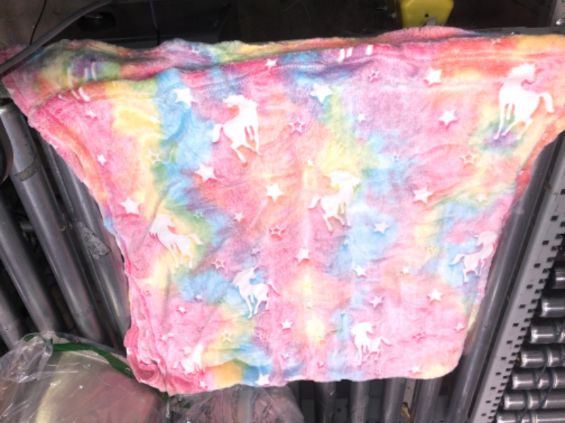 Photo 1 of 50x50" (approx) Square Pastel Rainbow Tye Dye Kids Blanket (White Stars & Unicorns Design)