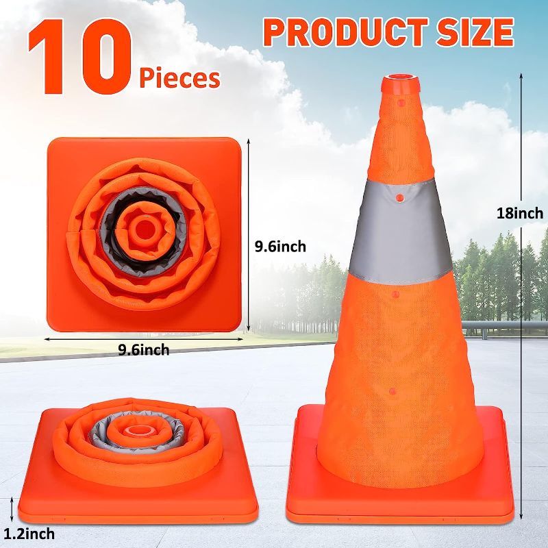 Photo 3 of 10 Pcs Collapsible Traffic Cones 18 Inch Foldable Road Cones Parking Cone Driving Cone Safety Cone Construction Cone with Reflective Collars for Parking Driving Traffic Remind People, Orange and Grey