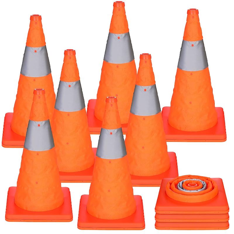 Photo 1 of 10 Pcs Collapsible Traffic Cones 18 Inch Foldable Road Cones Parking Cone Driving Cone Safety Cone Construction Cone with Reflective Collars for Parking Driving Traffic Remind People, Orange and Grey