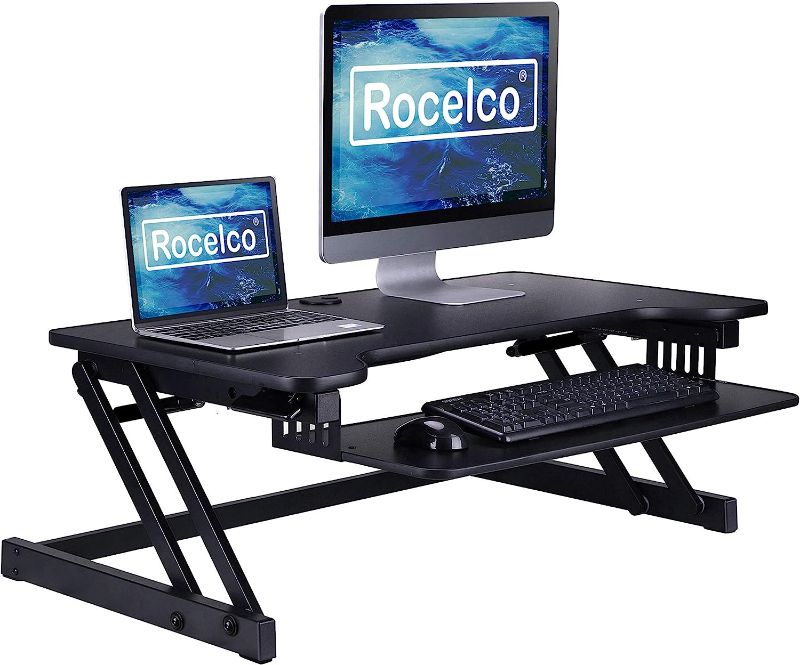 Photo 3 of Rocelco 37.5" Deluxe Height Adjustable Standing Desk Converter - Quick Sit Stand Up Dual Monitor Riser - Gas Spring Assist Computer Workstation - Large Retractable Keyboard Tray - Black (R DADRB)
