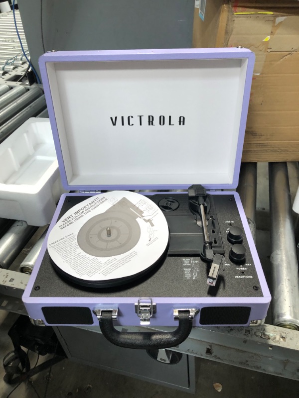 Photo 3 of Victrola Vintage 3-Speed Bluetooth Portable Suitcase Record Player with Built-in Speakers | Upgraded Turntable Audio Sound | Lavender (VSC-550BT-LVG) Lavender/Silver Record Player