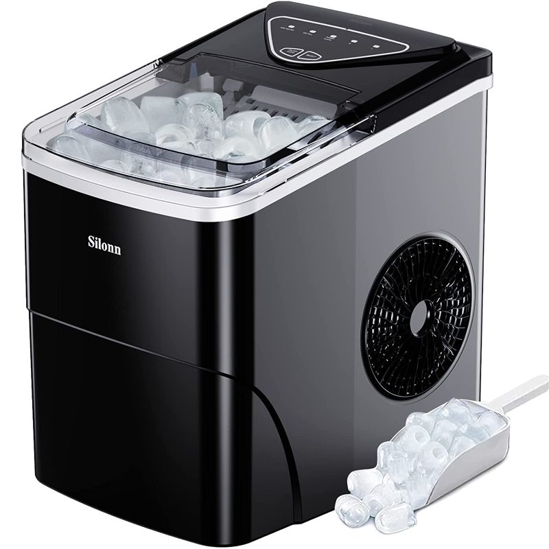 Photo 1 of UED, DAMAGED. Silonn Ice Makers Countertop, 9 Cubes Ready in 6 Mins, 26lbs in 24Hrs, Self-Cleaning Ice Machine with Ice Scoop and Basket, 2 Sizes of Bullet Ice for Home Kitchen Office Bar Party
