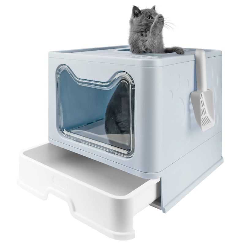 Photo 1 of **MINOR TEAR & WEAR, USED**Bolux Foldable Cat Litter Box with Lid, Extra Large Litter Box with Cat Litter Scoop, Drawer Type Cat Litter Pan Easy to Scoop & Low Tracking Blue