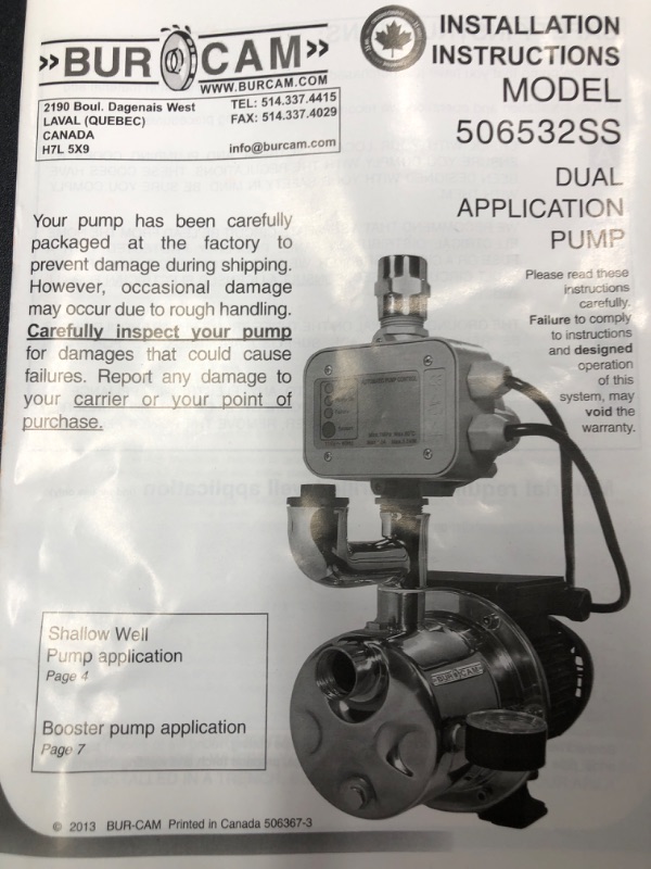 Photo 2 of (PARTS ONLY)Burcam Pumps 16 GPM 3/4 HP Stainless Steel Shallow Well Dual App. Pump (Booster & Tankless Jet Pump)