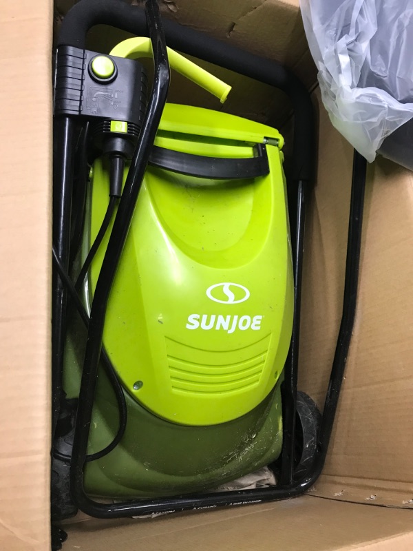 Photo 2 of **USED< DIRTY**
Sun Joe MJ401E 4-Inch 13-Amp Electric Lawn Mower w/Collapsible Handle for Storage, 3-Position Height Control, 10.6-Gallon Bag, Green