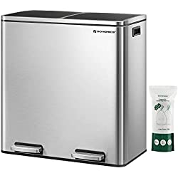 Photo 3 of 1 of SONGMICS Trash Can, 2 x 8-Gallon Garbage Can for Kitchen, with 15 Trash Bags, 2 Compartments, Plastic Inner Buckets and Hinged Lids, Airtight, Silver and Black ULTB60NL