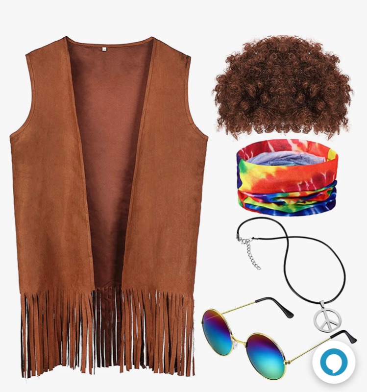Photo 1 of  Pieces Hippie Costume Set Fringe Vest Brown Wig Tie Dye Headband Peace Sign Necklace Sunglasses for Women Men 60s 70s Party