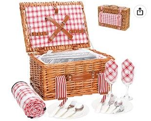 Photo 1 of 
Wicker Picnic Basket for 2 with Large Insulated Cooler Compartment and Waterproof Picnic Blanket, Cutlery Service Kits, Wicker Picnic Hamper for Camping, Valentine Day,Thanks Giving,Birthday(Red)