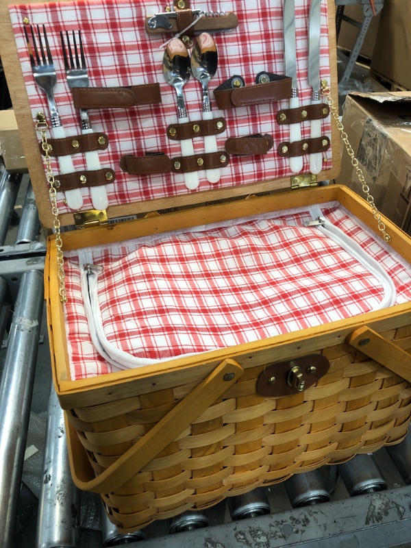 Photo 2 of 
Wicker Picnic Basket for 2 with Large Insulated Cooler Compartment and Waterproof Picnic Blanket, Cutlery Service Kits, Wicker Picnic Hamper for Camping, Valentine Day,Thanks Giving,Birthday(Red)