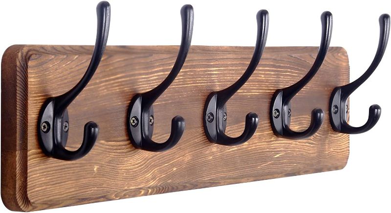 Photo 1 of (SEE NOTES) Wooden Wall Mountable Coat Rack, Single Coat Black Prongs & Medium Brown Wood Planks