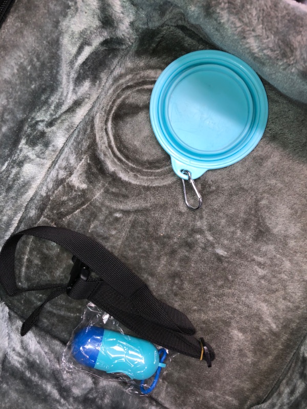 Photo 2 of (SEE NOTES-USED) Black Portable Doggie for Small Animals Bundle, Fleece Lined Grey Zippable Removable Cover, Orange Outside Pockets, silicone eating tray with key ring and food container (blue edition) Strapes & Buckles Included 