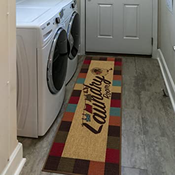 Photo 1 of 19x59 inch  Machine Washable Checkered Border Laundry Room Rug Non-Slip Rubberback