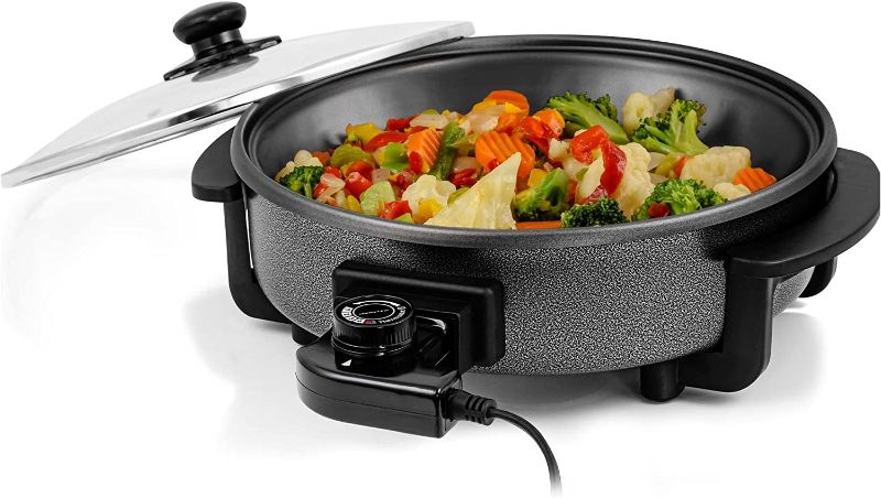 Photo 1 of Ovente 12 Inch Electric Kitchen Skillet with Nonstick Aluminum Coated Grill Pan & Glass Lid Cover, Indoor Countertop Cooking Pan with Temperature Control & Handle Compact Easy Clean, Black SK11112B 12 Inch Black