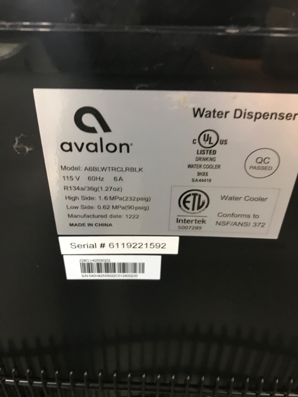 Photo 7 of **** used **** *** TESTED POWERED ON ***  Avalon A6BLWTRCLRBLK Touchless Bottom Loading Cooler Dispenser-Hot & Cold Water, Child Safety Lock, Innovative Slim Design, Holds 3 or 5 Gallon Bottles-UL/Energy Star Approved-Black Black Dispenser