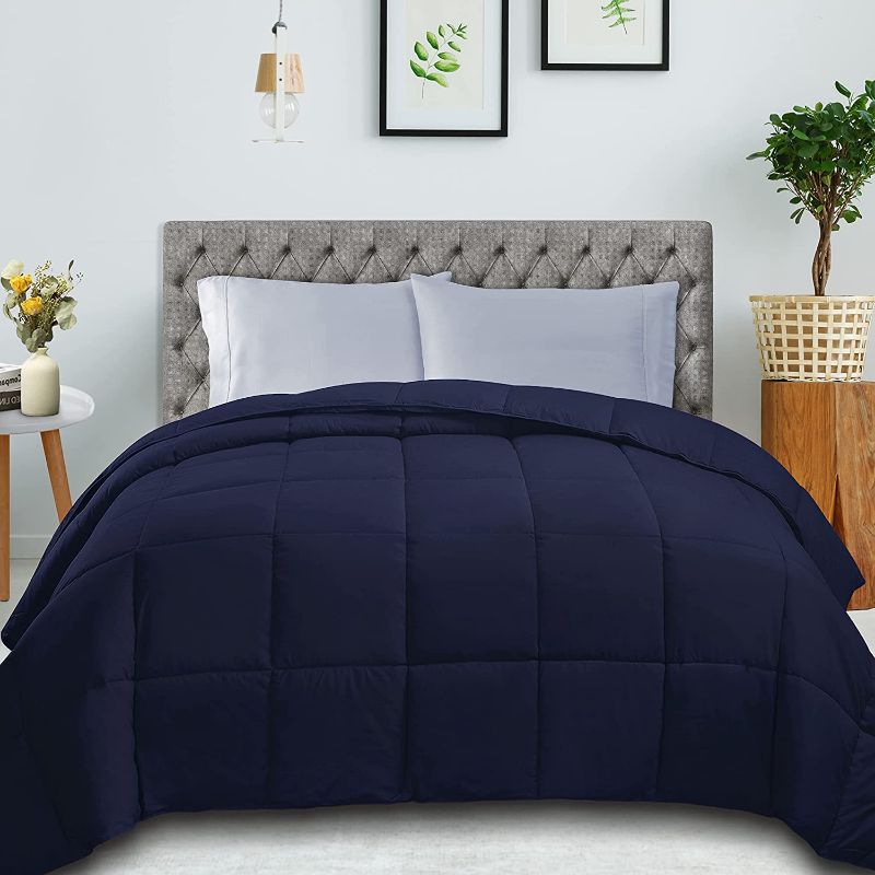 Photo 1 of SUPERIOR Classic All,Season Down Alternative Comforter with Baffle Box Construction, Warm Filling, Breathable and Comfortable Bedding Duvet Inserts & Bed Sets, Full/Queen Size Comforter, Navy Blue
