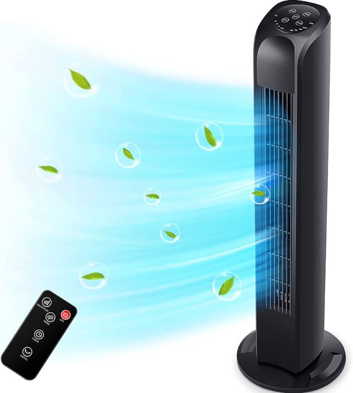 Photo 1 of Uthfy Oscillating Tower Fan with Remote, Electric Standing Tower Fan Floor Fan for Bedroom Indoor Office and Home Use,Quiet Cooling Portable Bladeless Tower Fans, 30 inchs, Black Tower Fan
