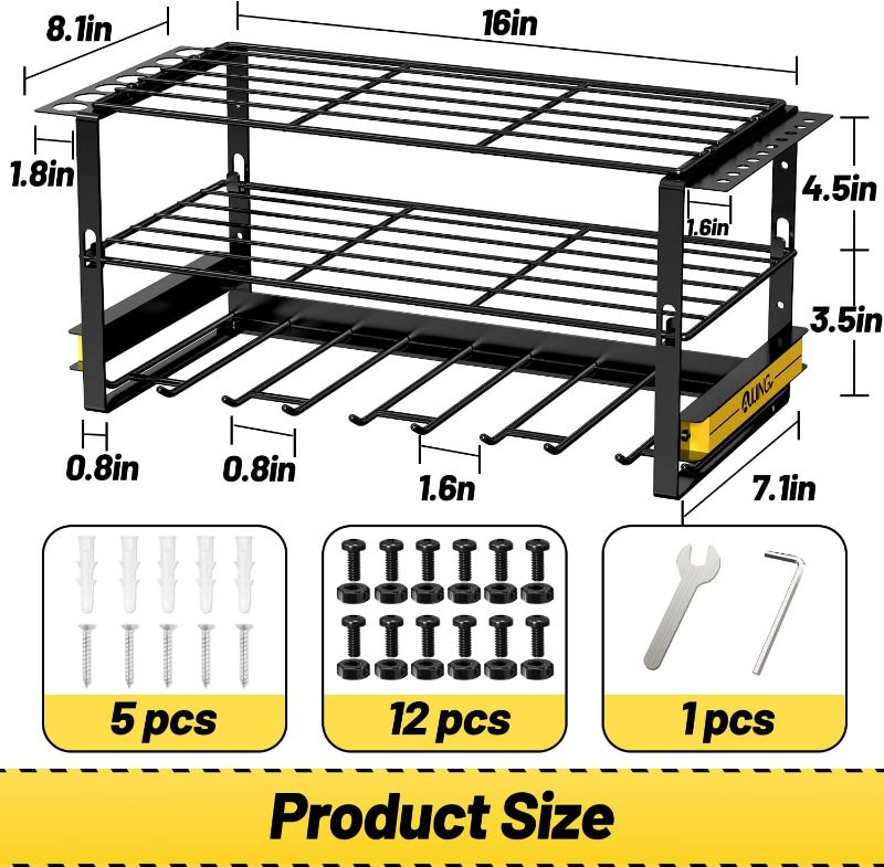 Photo 1 of AJIJING Power Tool Organizer Wall Mount, Drill Holder with Magnetic Tool Holder, Garage Tool Storage Rack, 3 Layers Heavy Duty Metal Tool Shelf, Utility Storage Rack for Cordless Tool| Black
