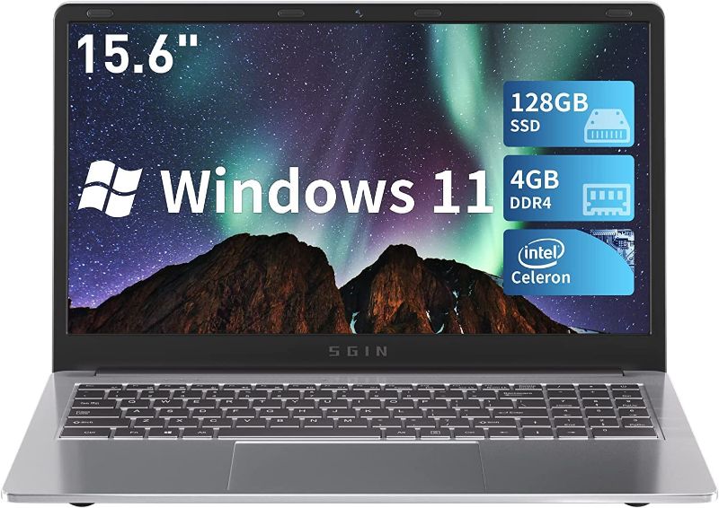 Photo 1 of SGIN Laptop 15.6 Inch 4GB DDR4 128GB SSD, Windows 11 Laptop with Celeron N4020, up to 2.8GHz, Mini HDMI, 2.4/5.0G WiFi, 2 x USB 3.0, Expandable Storage 512GB TF(Sliver)
