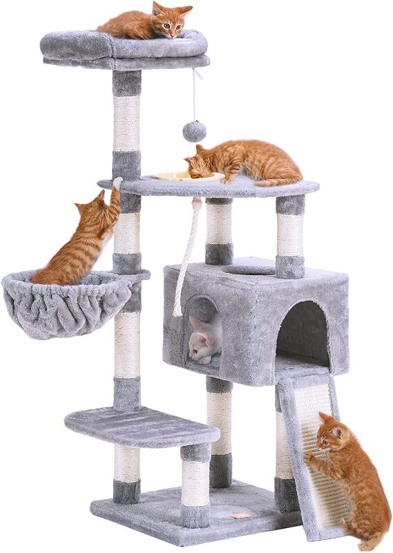 Photo 1 of ***MISSING PARTS*** Heybly Cat Tree 50 inches Cat Tower for Indoor Cats Multi-Level Cat Furniture Condo with Feeding Bowl and Scratching Board Light Gray HCT010W
