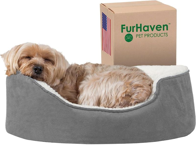 Photo 1 of  Small Orthopedic Dog Bed Sherpa & Suede Oval Lounger w/ Removable Washable Cover - Gray, Small
