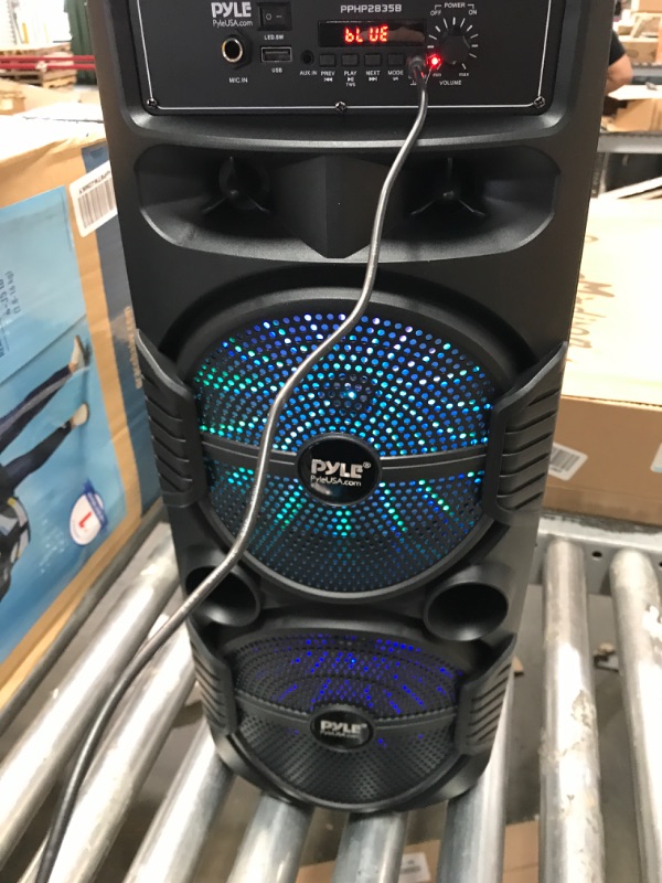 Photo 2 of Pyle Portable Bluetooth PA Speaker System - 600W Rechargeable Outdoor Bluetooth Speaker Portable PA System w/ Dual 8” Subwoofer 1” Tweeter, Microphone In, Party Lights, USB, Radio, Remote - PPHP2835B