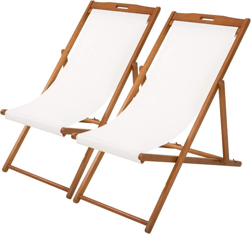 Photo 1 of *** ONE CHAIR IS DAMAGED *** Beach Sling Chair Set Patio Lounge Chair Outdoor Reclining Beach Chair Wooden Folding Adjustable Frame Solid Eucalyptus Wood with White Polyester