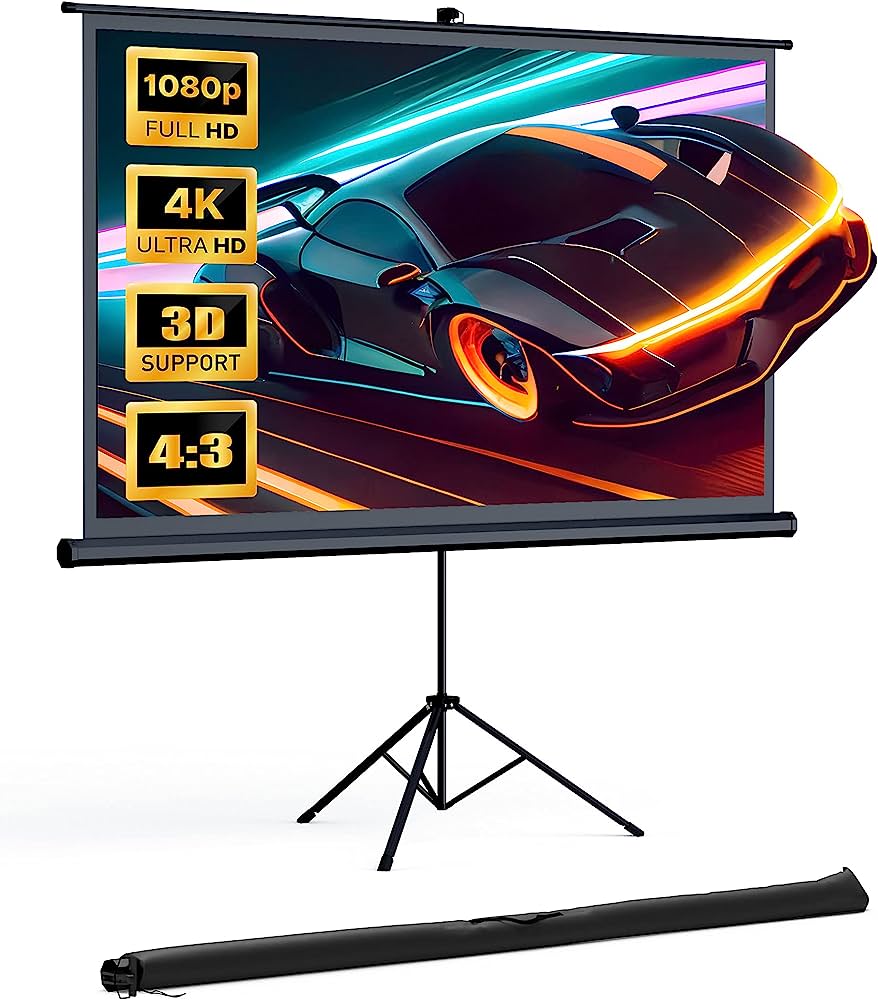 Photo 1 of Projector Screen with Stand, HYZ 120 inch Projector Screen 4K HD with Wrinkle-Free Design, Indoor Outdoor for Backyard Movie Night, Office Presentation(1.1Gain, 4:3, 160°Viewing Angle&Carry Bag)