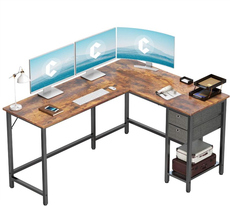 Photo 1 of Cubiker L-Shaped Computer Desk, Gaming Corner Desk with Non-Woven Drawer, Home Office Sturdy Writing Table, Space-Saving, Easy to Assemble