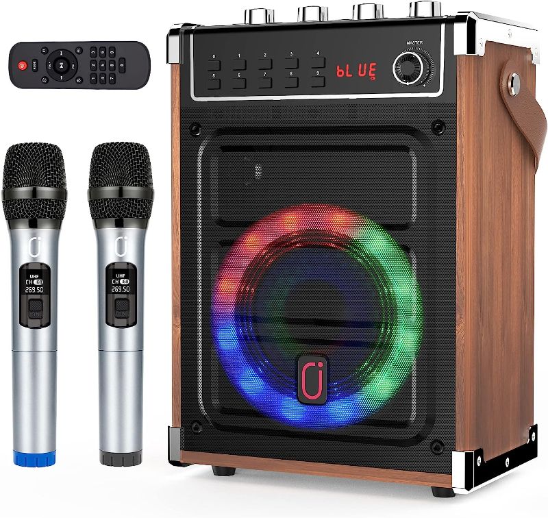 Photo 1 of JYX 69BT Karaoke Machine with 2 UHF Wireless Microphones, Bluetooth Speaker with Bass/Treble and LED Light, Portable PA system Support TWS, AUX In, FM, Supply for Party/Meeting/Wedding - Brown
