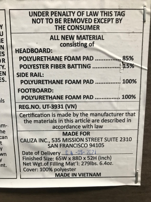 Photo 6 of (In 7 parts) Queen Size 65W x 88D 52H (inch) Net Wgt.of Filling Mat'l: 279lbs. 6.4oz. Cover: 100% polyester