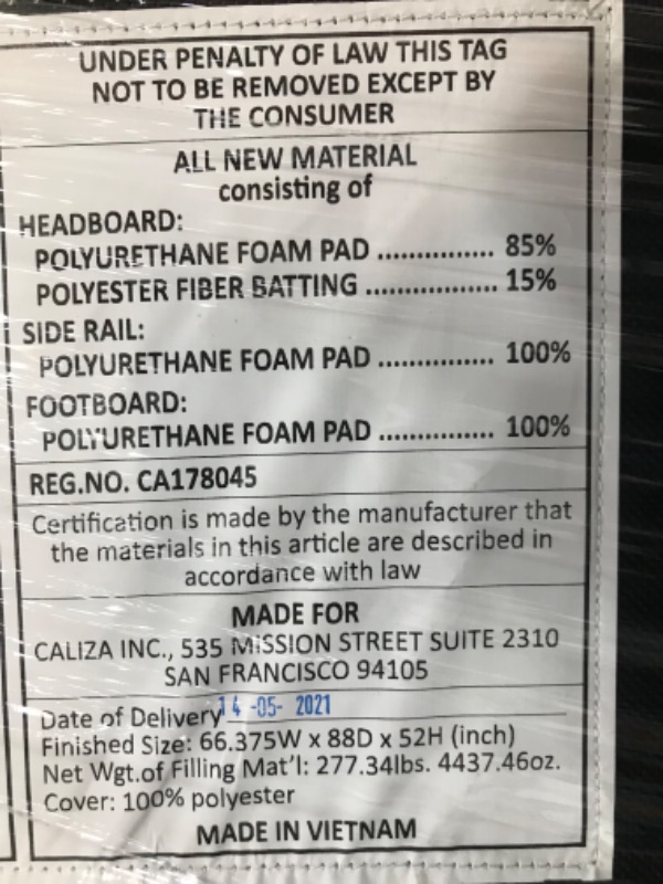 Photo 6 of (In 7 parts) Queen Size 66.375W x 88D 52H (inch) Net Wgt.of Filling Mat'l: 277.34lbs. 4437 .46oz. Cover: 100% polyester