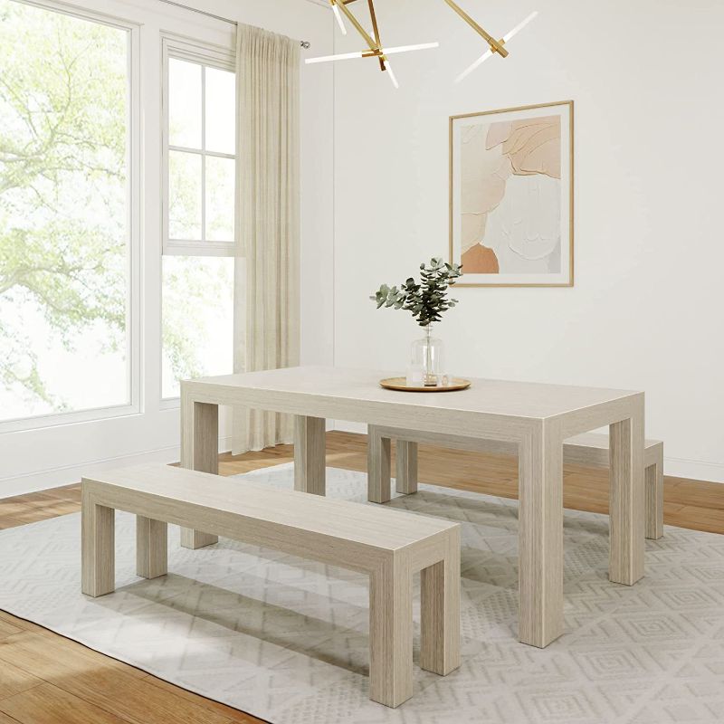 Photo 1 of (NO TABLE) *incomplete* Plank+Beam Modern Wood Dining Table Set, Solid Wood Dining Table with 2 Benches for Dining Room/Kitchen, Seashell Wirebrush Seashell Wirebrush Modern Dining Table + 2 Benches