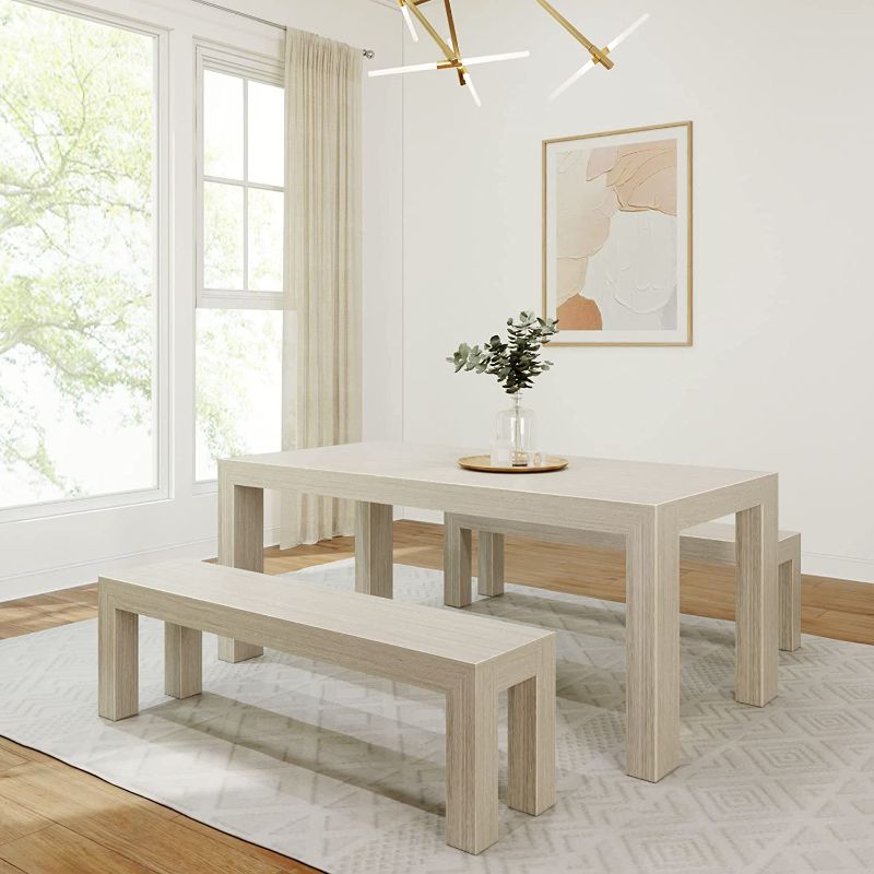 Photo 1 of *incomplete* Plank+Beam Modern Wood Dining Table Set, Solid Wood Dining Table with 2 Benches for Dining Room/Kitchen, Seashell Wirebrush Seashell Wirebrush Modern Dining Table + 2 Benches