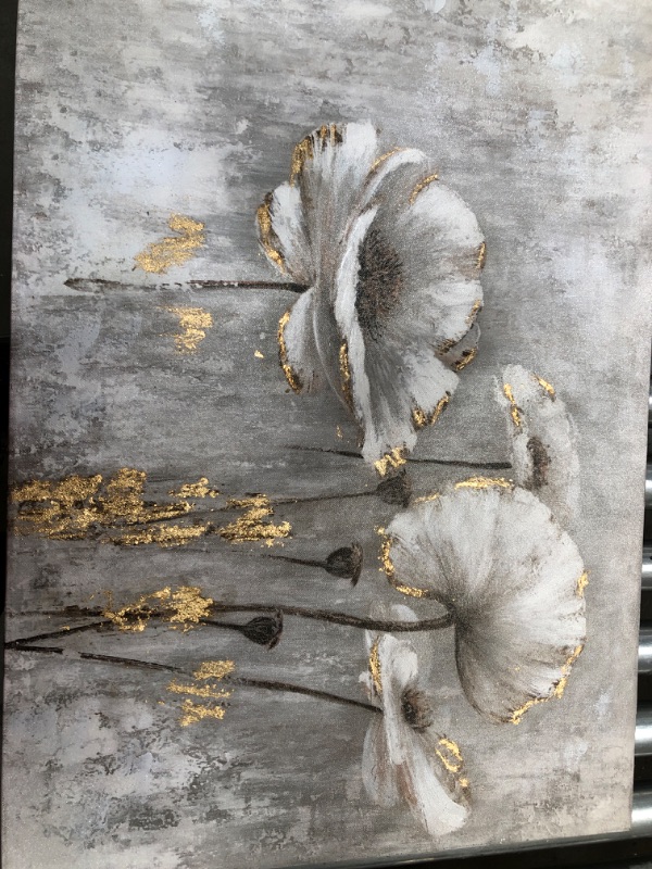 Photo 1 of 19.5" x 27.5" Canvas Painting of White Flowers with Gold Accents 