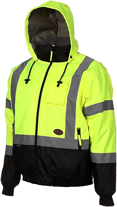 Photo 1 of 3XL Pioneer High Vis Safety Bomber Jacket For Men – Waterproof Reflective Rain Gear – Class 3 – Detachable Hood – Yellow/Black
