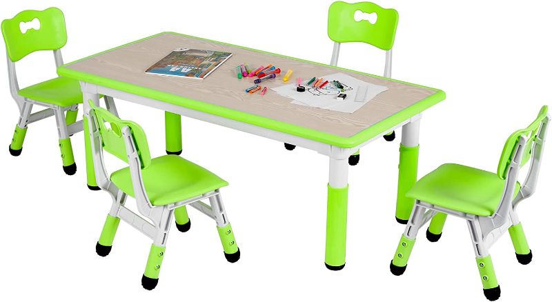 Photo 1 of Arlopu Big Kids Study Table and 4 Chair Set, Height Adjustable Toddler Table and Chair Set for 4, Multifunctional Toddler Table, Reading, Drawing, Eating Interaction (Fruit Green, Long Table)
