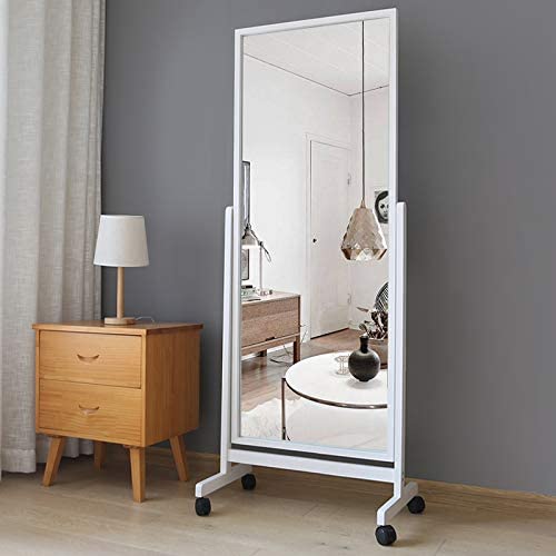 Photo 1 of AISUNDY Full Length Mirror Floor Mirror with Wheels, 65x22, Large Standing Mirror Tilting Mirror Swivel Mirror with Wood Frame & Stands, Cheval Bedroom Dressing Mirror Full Body Mirror w/White Finish